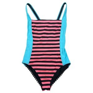 TYR Women Medium One Piece Swimsuit Pink Black Turquoise Striped Sport Beach GUC